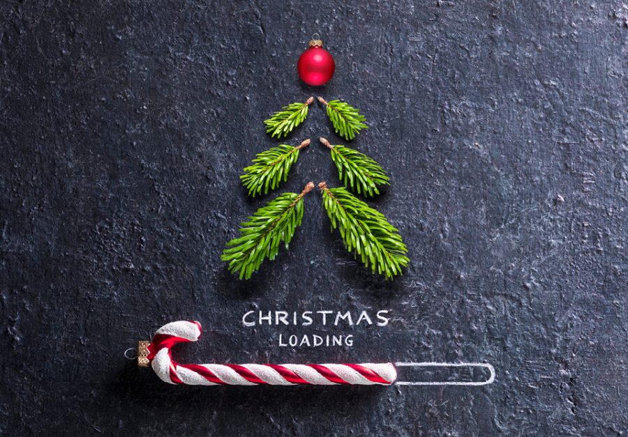 Fern branches and candy cane with the words Christmas loading