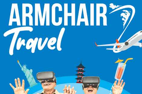 Armchair travel and two people wearing virtual reality headsets