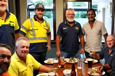 group of people standing and sitting by a table